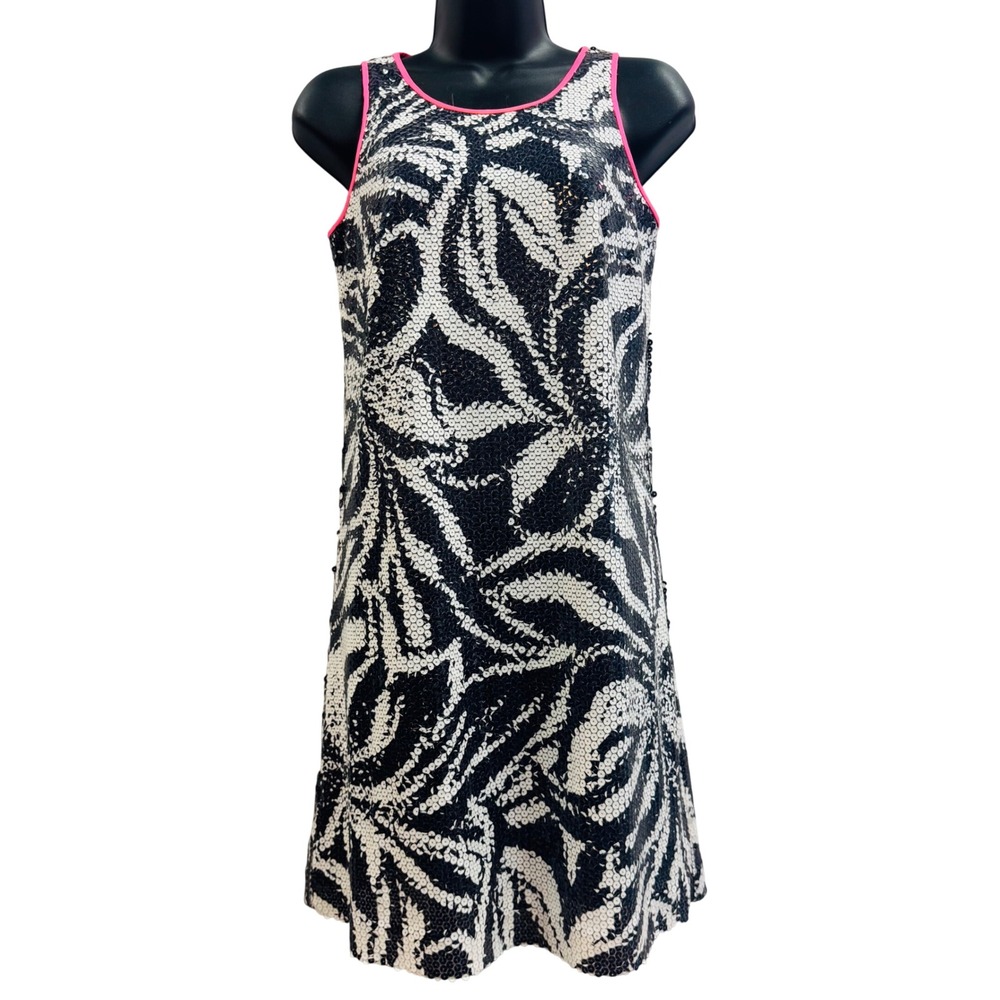 Lilly Pulitzer Women Black White Sequin Shift Dress Neon Pink Trim Size 2